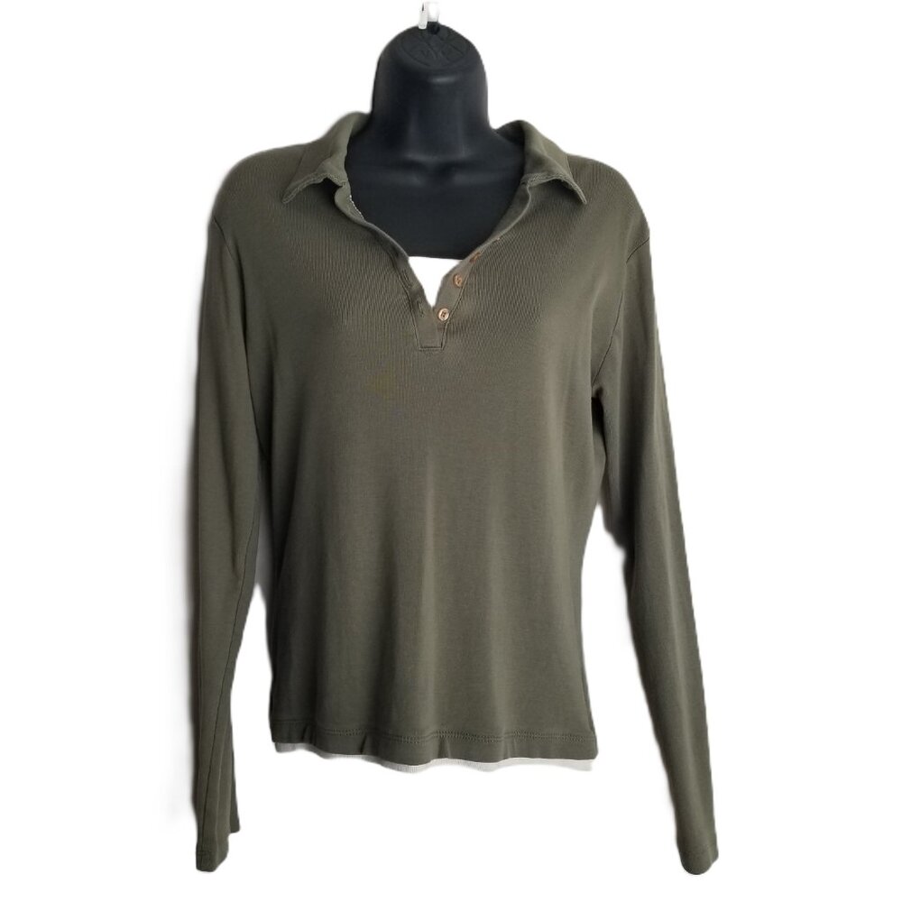 Zena Jeans Womens M Olive Green Layered Long Sleeve Cotton Top Y2K Preppy